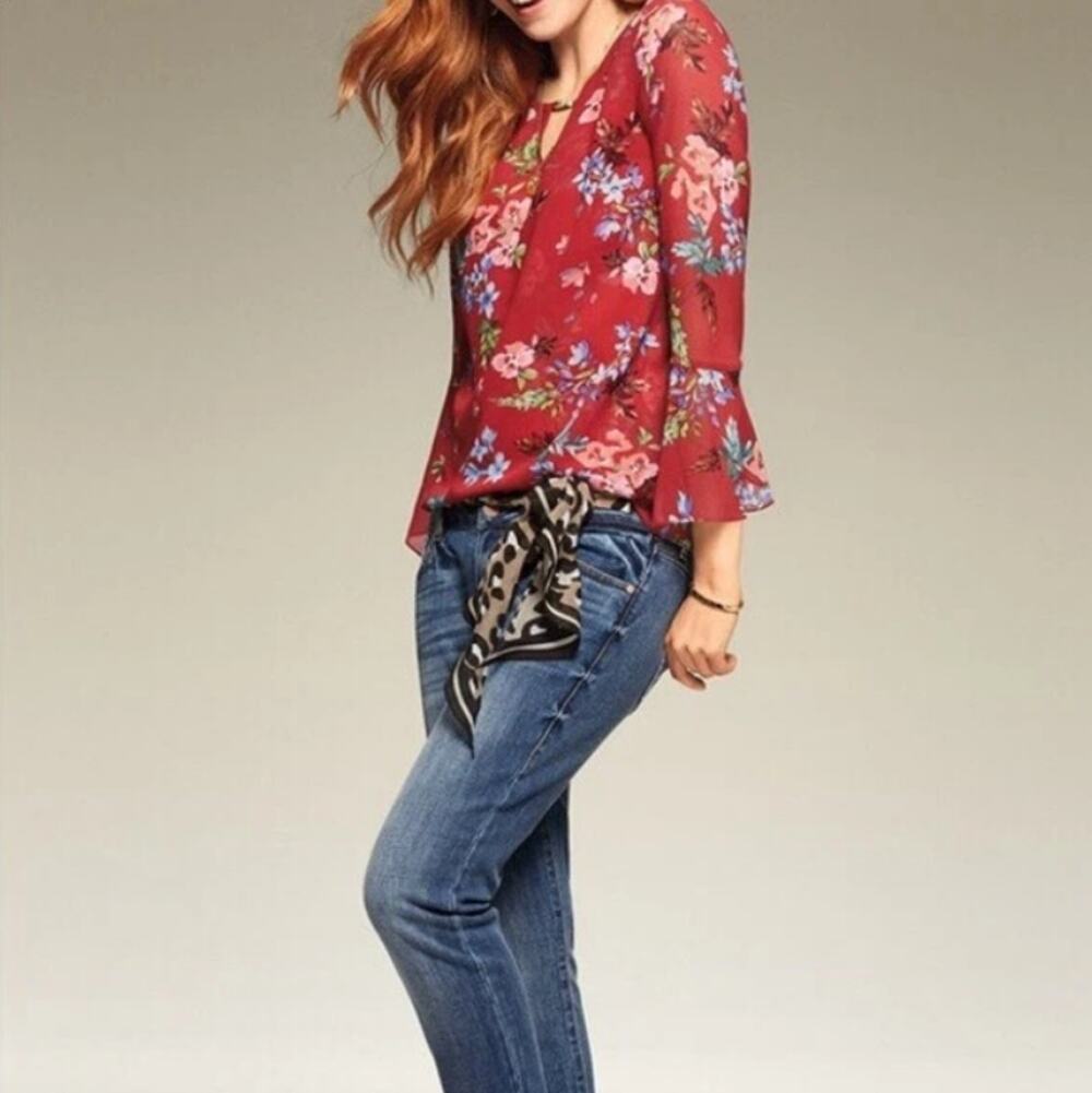 New CABI ANTHROPOLOGIE Women's Red Floral Bell Sleeves Blouse Size S
